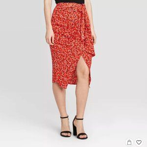 Floral Print Faux Tie Slip Asymmetrical Midi Skirt